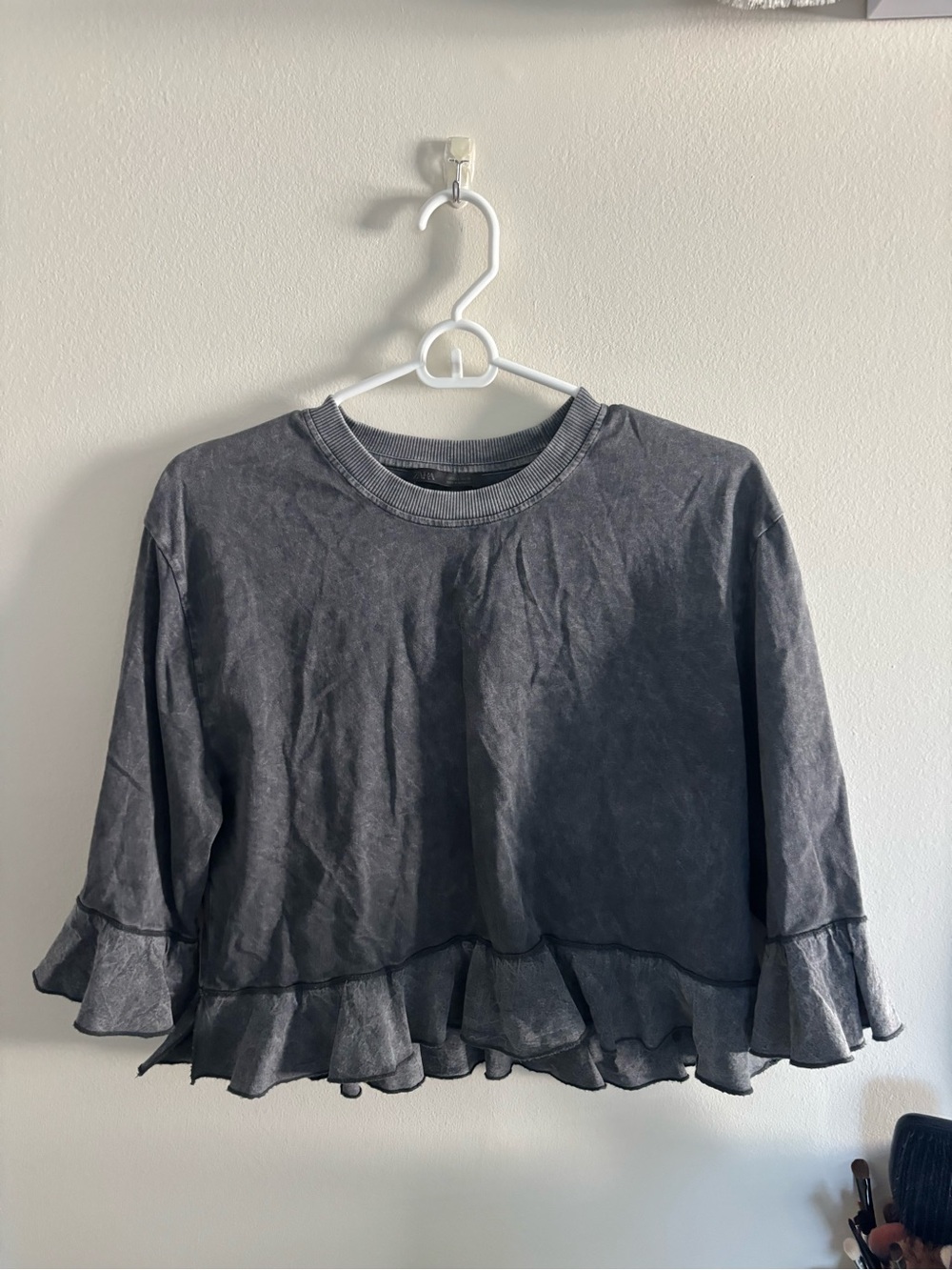 Zara Washed Black Ruffle-Hem Sweatshirt